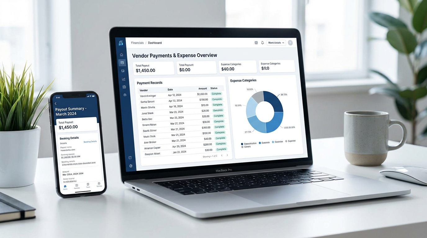 Laptop and phone displaying a vendor payments and expense overview dashboard