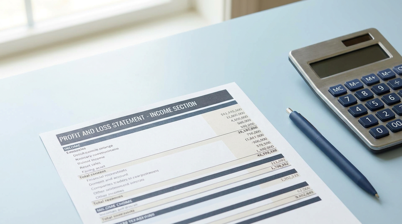 Close-up of a profit and loss statement income section on a desk beside a calculator and pen in natural light