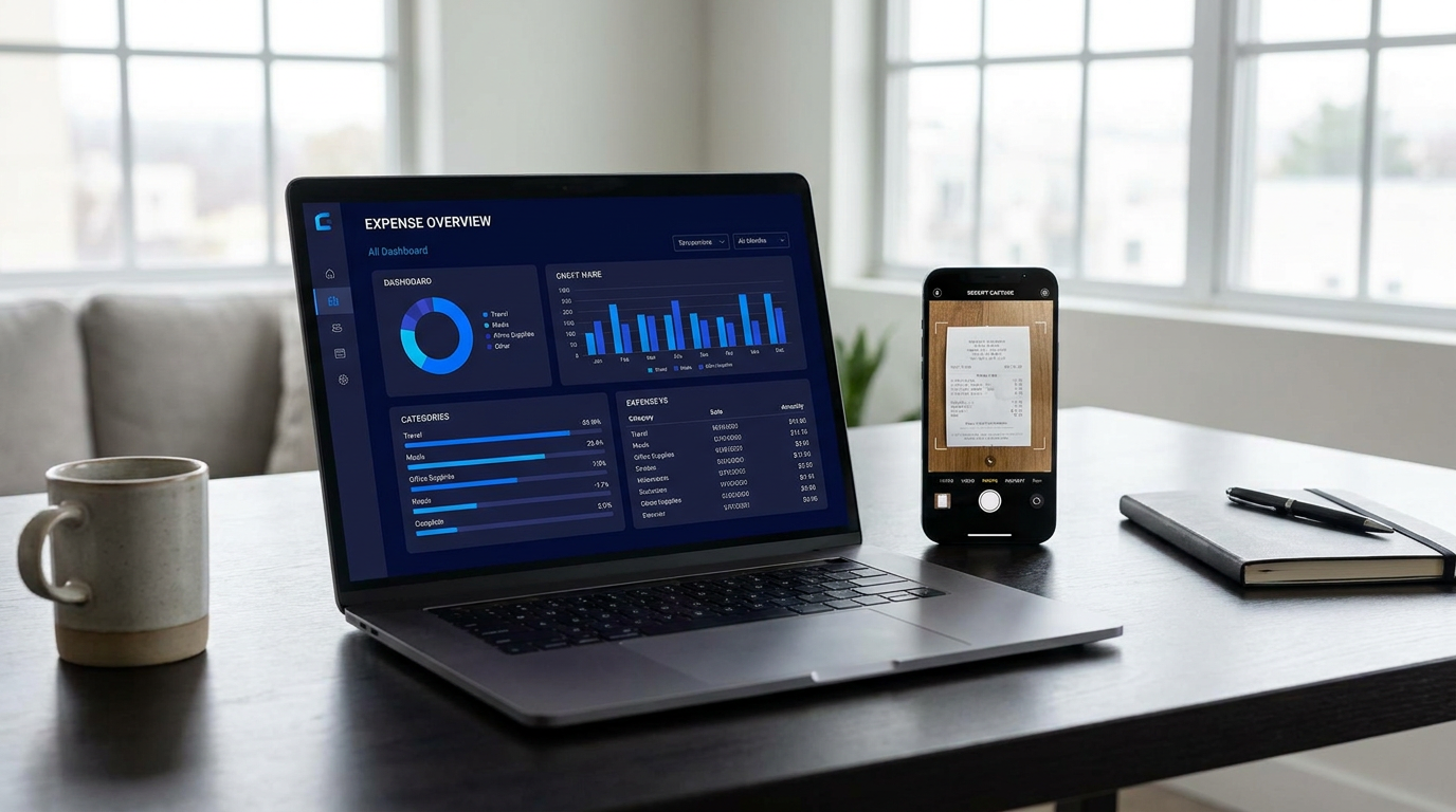 Laptop displaying an organized expense dashboard with categorized deductions, smartphone with a receipt capture app beside it on a clean desk