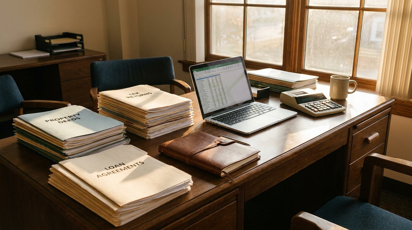 Legal and accounting documents organized on a desk beside a laptop and calculator in warm natural light