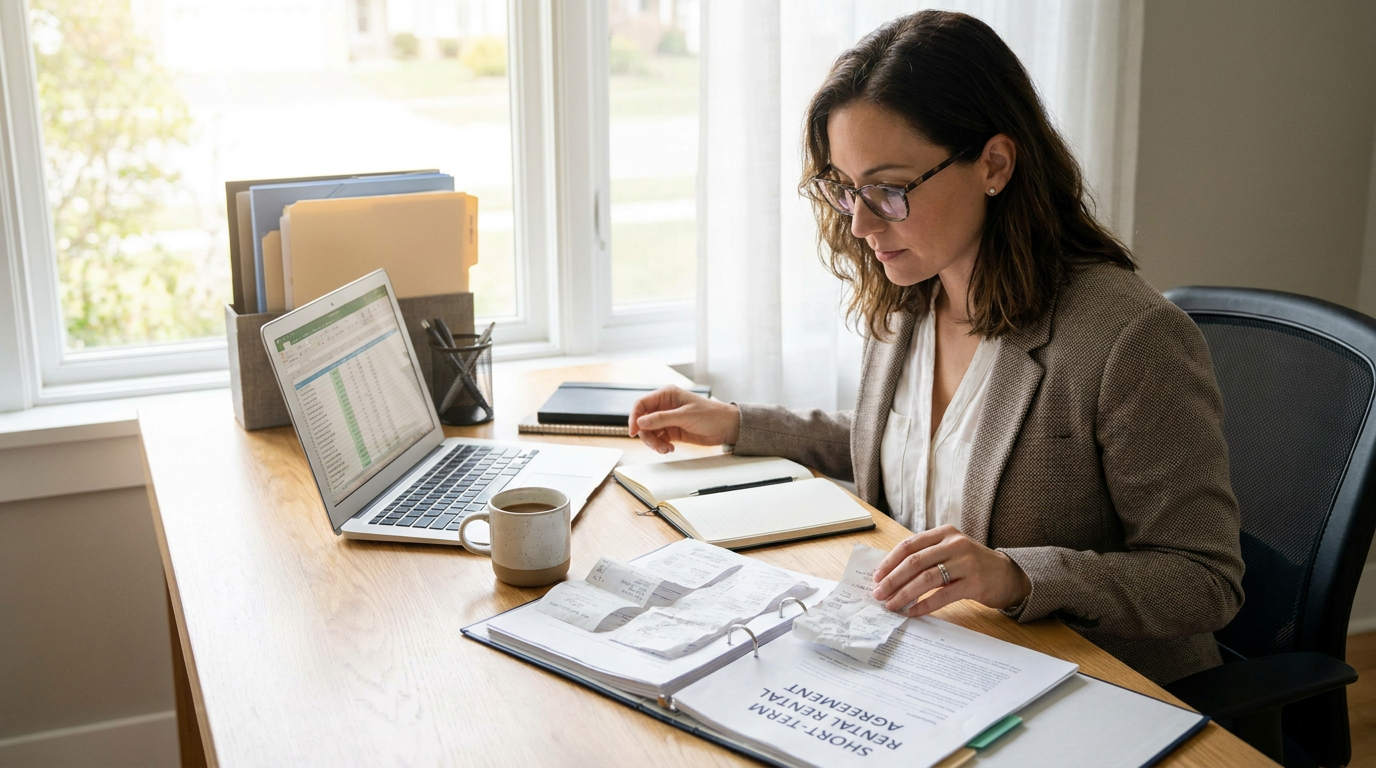 Investor reviewing travel receipts and a rental property document at a desk with a laptop in natural light