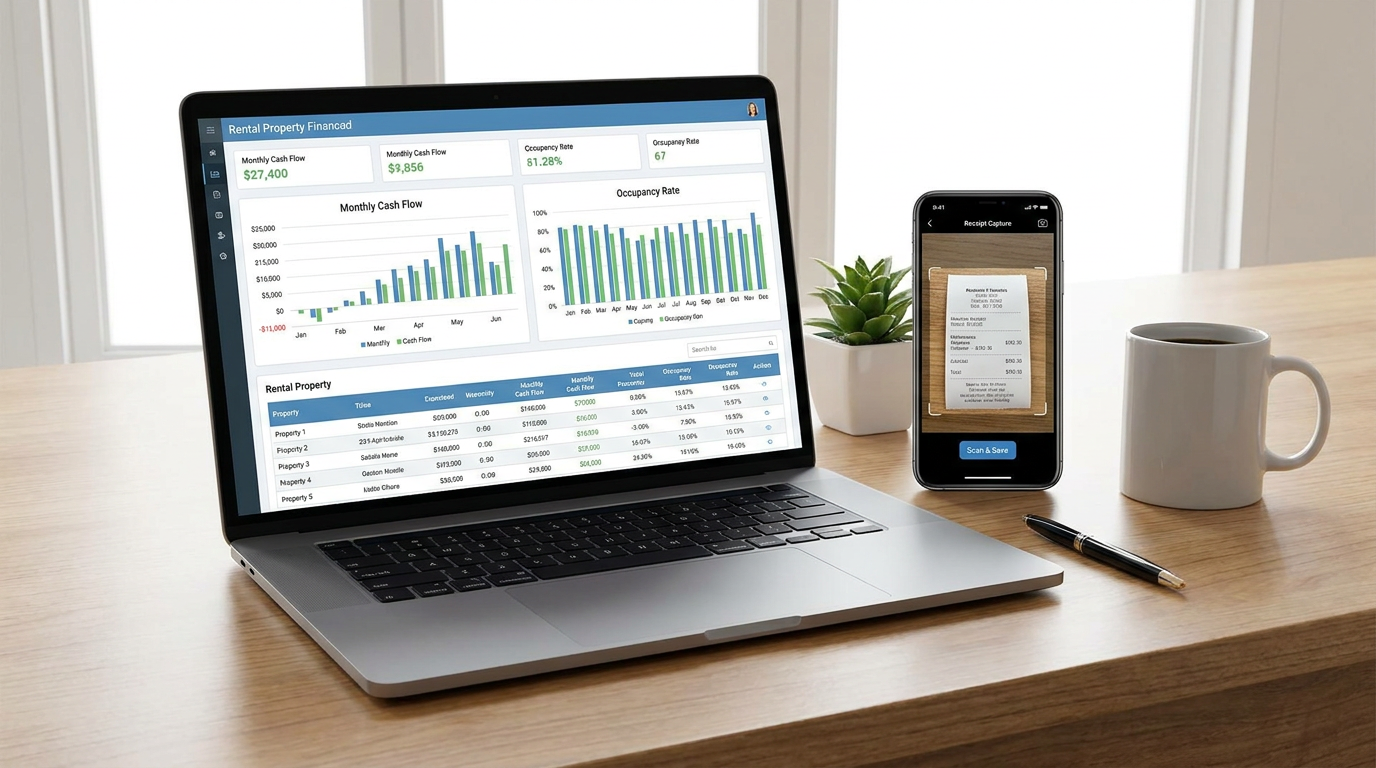 A laptop displaying an organized, reconciled financial dashboard with property-level reports, beside neatly arranged document folders on a clean desk
