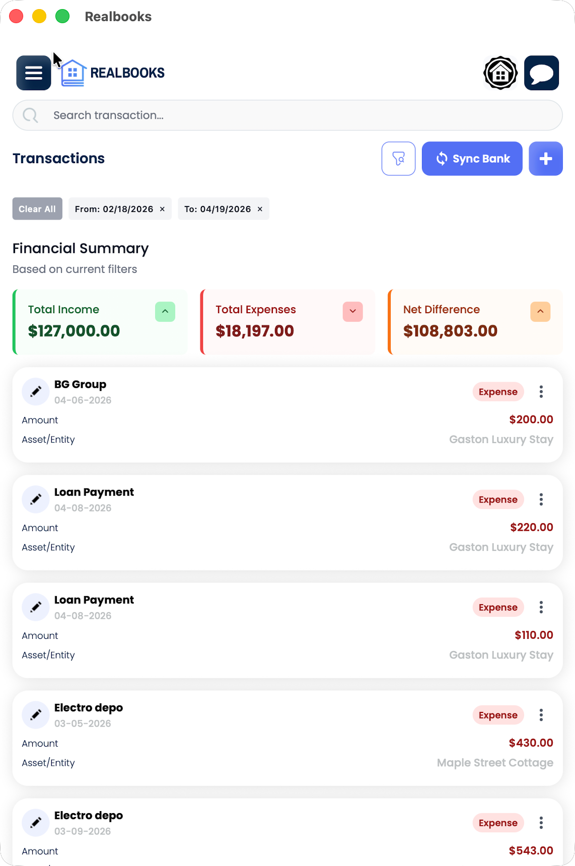 RealBooks transactions dashboard